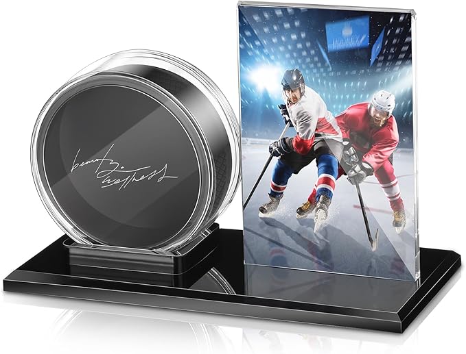 DoubleFill Hockey Puck and Card Display Case Acrylic Clear Holder Black Base Ring Stand Set Hockey Puck Centerpieces Protector Memorabilia Showcase
