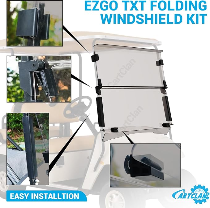 EZGO TXT Windshield, EZGO Windshield for Golf Cart Suitable for 1995-2013 EZGO TXT Model, PC UV Resistant, Foldable Golf Cart Windshield Replacement with Windshield Clips