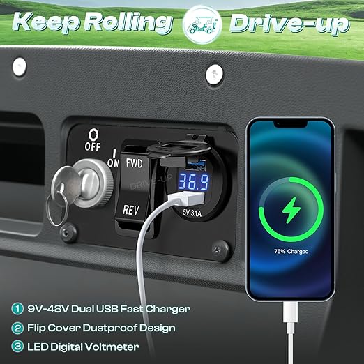 DRIVE UP Golf Cart Key Switch Console Plate, EZGO Forward Reverse Switch Plate Fits EZGO TXT, Medalist, PDS Golf Carts, Equipped with DC 9V-48V 3.1A Fast Charge Dual USB Charger, LED Digital Voltmeter