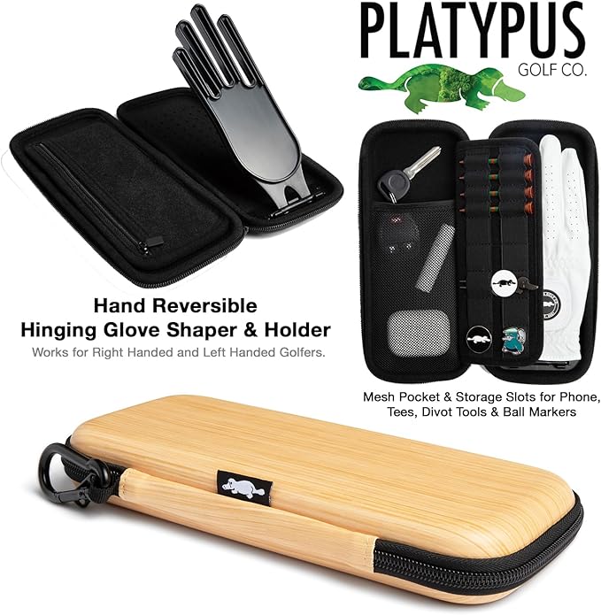 Platypus Golf Co. Golfing Caddie EVA Travel Case Organizer with Bamboo Tees & Ball Marker - Hand Reversible Hinging Glove Shaper & Holder, Mesh Pocket & Storage Slots, Golfers Cases for Men & Women