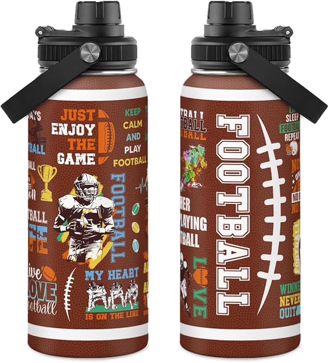 American Football Insulated Stainless Steel Water Bottle 32oz, Vacuum Chug Lid Travel Tumbler for Men Friends Dad Football Lovers Fans Coaches, Birthday Christmas Father's Day