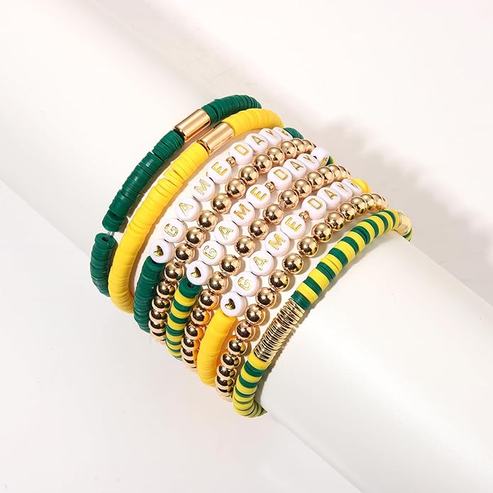 NLCAC 9 Pack Game Day Bracelets Stackable Heishi Beaded Stretchy Bracelet Preppy Jewelry Baseball Football Team Bracelets Sports Fan Accessories Gifts