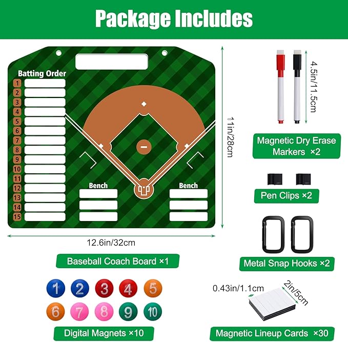 Baseball Coach Clipboard, Anglecai Double-Sided Dry Erase Baseball Lineup Board for Softball Dugout Board Baseball Coaching Board with 30 Lineup Card/ 10 Magnet/2 Marker/2 Hook (Green)