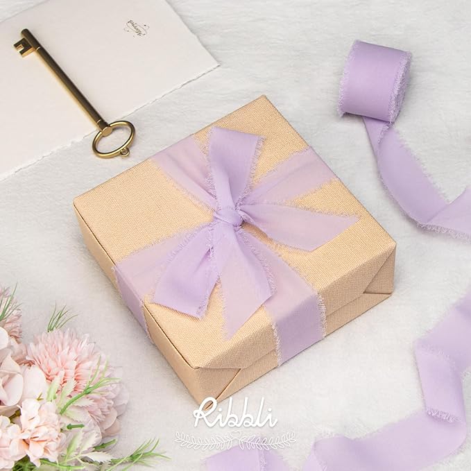 Ribbli Lavender Chiffon Silk Ribbon, 1-1/2 inch x 20 Yard, Handmade Fringe - Image 2