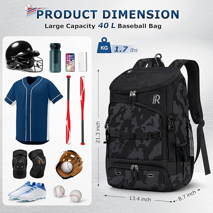 RAINSMORE Baseball Bag for Youth & Adult 40L Large Softball Bag Lightweight Baseball Backpack with Helmet Holder, Shoe Compartment, Fence Hook Waterproof Bat Bag for Baseball Softball Tball Equipment