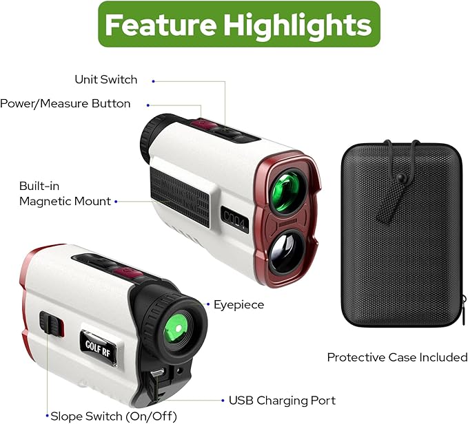 Golf Rangefinder with Slope, 1200 Yards Range Finder with High-Precision Flag Pole Locking Vibration, 7X Magnification, Rechargeable Battery
