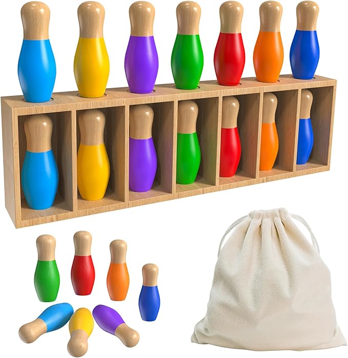 Color Matching Toy Set for Kids, Wooden Bowling Color Matching Game by pamexin