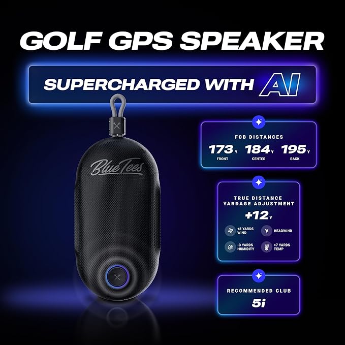 Blue Tees Golf Player Go - Golf GPS Speaker, Powered by AI, Compact GPS Speaker, Auto Course Recognition, Bluetooth Audio, 40,000+ Courses, IPX7 Waterproof, 16+ hr Battery, Built-in Magnetic Strip