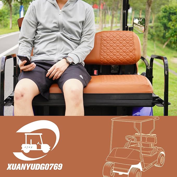 XUANYUDG0769 Golf Cart Front and Rear Seat Covers for EZGO TXT/RXV Club Car DS/Precedent Yamaha G29, Vinyl Leather Made/Adjustable Straps and Retractable Buckle/No Stapler Required,4PCS