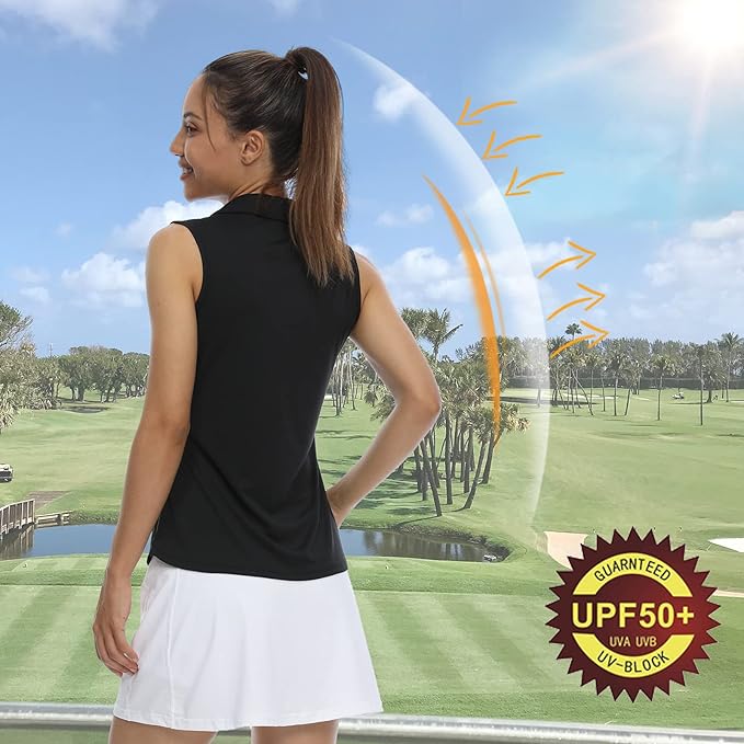 LastFor1 Women's Sleeveless Polo Golf Shirts Quick Dry 50+ UV Protection V-Neck with Collar Lightweight Tennis Tank Tops