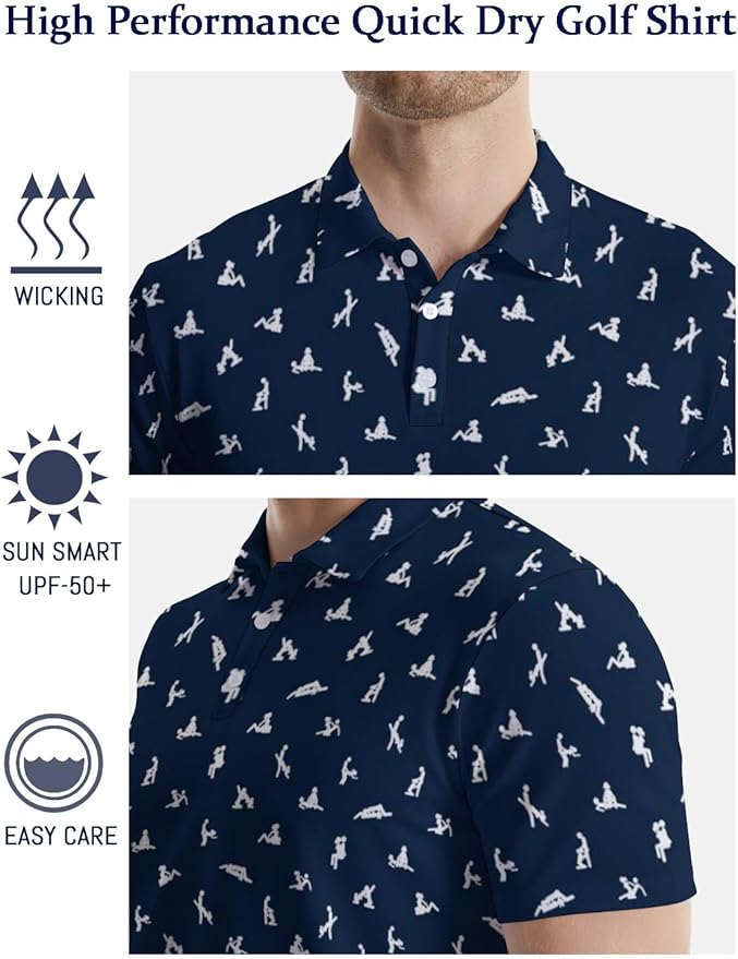 HUURAY Funny Golf Polos for Men Funny Print Short Sleeve Shirts Quick Dry Polo Shirts Hawaiian Shirt Performance Golf Outfits