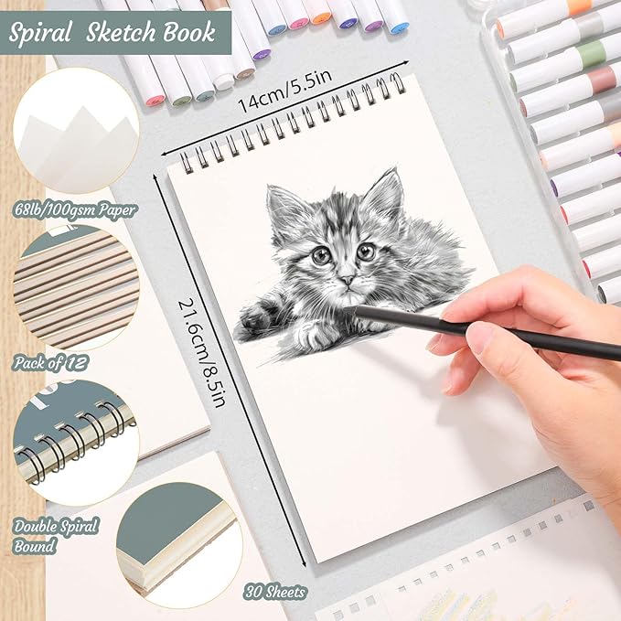 12 Pack Sketch Book, 5.5 x 8.5 Inch Sketchbook, 68lb/100gsm Top Spiral Bound - Image 2