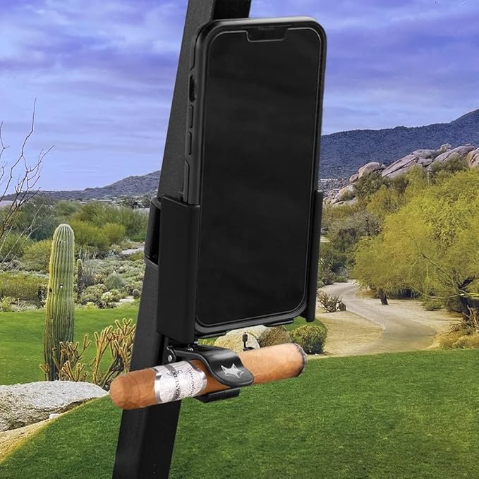 DESERT FOX GOLF Phone Caddy w/Cigar Holder – American Flag Golf Cart Phone Mount – Universal Fit, Secure Strap, One-Hand Access, Patriotic Golf Accessory (Blue Line)