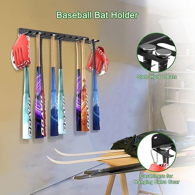 QBA Wall Mount Baseball Bat Holder, Heavy Duty Metal Bat Rack, Holds 22 Bats, Bats Organizer for Dugout Fence Home Garage (Black)