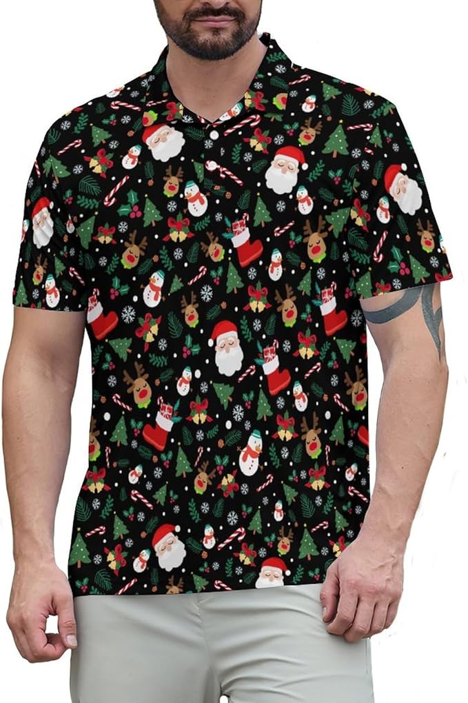 HUURAY Funny Golf Polos for Men Funny Print Short Sleeve Shirts Quick Dry Polo Shirts Hawaiian Shirt Performance Golf Outfits