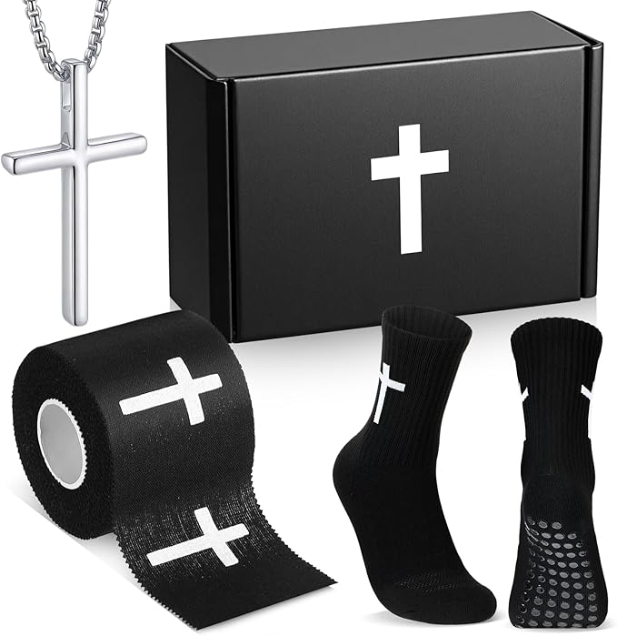 TrelaCo 4 Pack Christian Sports Gift Set with Athletic Tape Sport Socks Cross Necklace Gift Boxes Religious Soccer Socks