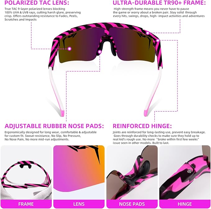 2-Sizes Kids Youth Baseball Sunglasses Men Women Vipers Sunglasses Softball Boys Girl True Polarization &UV Protection