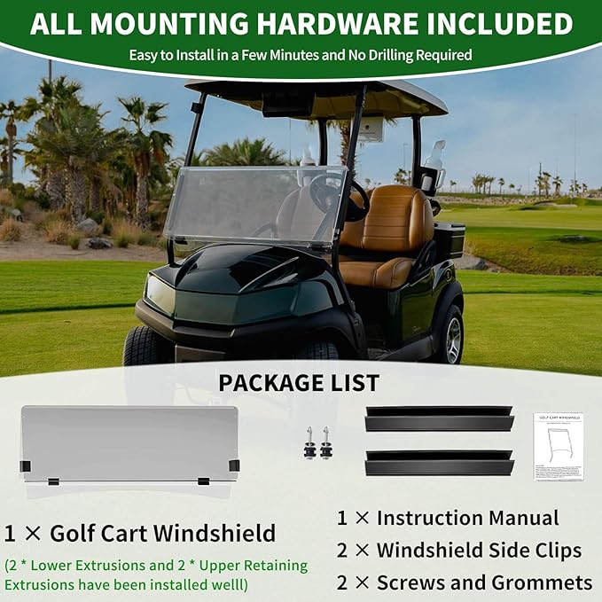 Clear Golf Cart Foldable Windshield 3/16" (5MM) Thicken for Club Car Precedent 2004+, Tempo & Onward 2017+, 37.4" W×32.7" H, Fits 1"×1" Strut Rail Window Glass Replacement Scratch-Resistant