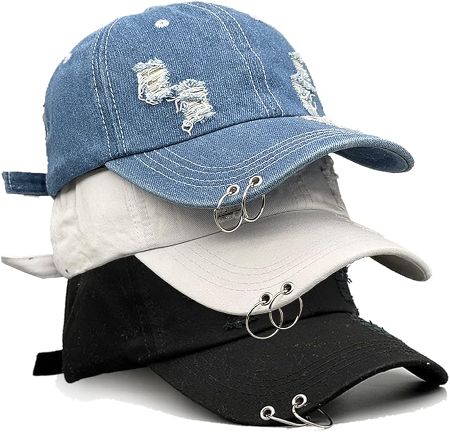 Unisex Ripped Distressed Denim Ring Baseball Cap Hip Hop Vintage Dad Hat Adjustable