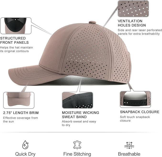VOBOOM Men Quick Dry Baseball Cap Laser Cut Mesh Ball Curved Brim Snapback Hat