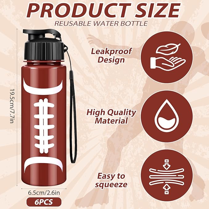 Olgaa 12 Pcs Football Party Favors Include 6 Pcs Water Bottle 20 oz 6 Pcs Drawstring Bag Sports Themed Reusable Drink Bottles Bulk Accessories for Players Lovers Team Gifts (Football)