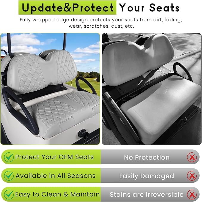 Golf Cart Seat Cover Front and Rear Set of 2 Fit for Club Car Tempo OEM Ordinary Seats No Nails Required Easy to Install & Clean Gray Vinyl Leather Seat Cushion Covers