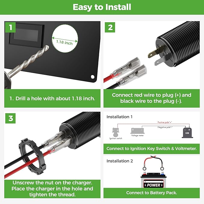 10L0L 9V-55V Input Golf Cart Quick Charge 3.0 Dual USB Charging Socket,2 in 1 USB Ports & Digital Voltmeter Universal for Club Car,EZGO and Yamaha,Metal Shell Safe Charge Outlet