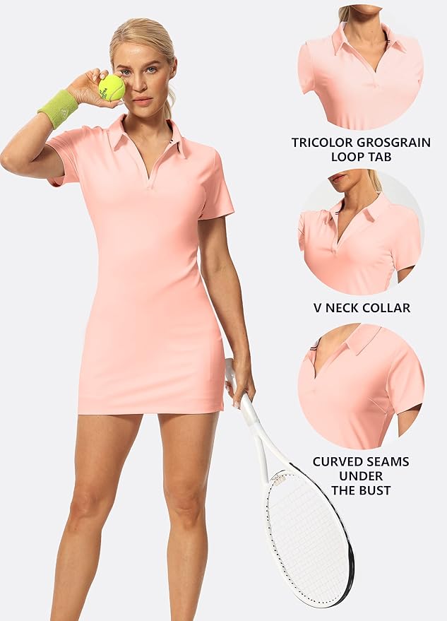 Hiverlay Golf Dresses for Women with Shorts and Pockets, V-Neck Short Sleeve Tennis Dress, Workout Athletic Dresses