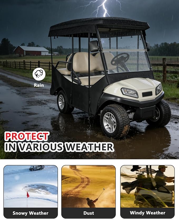 4 Passenger Golf Cart Enclosure for Club Car Tempo Onward 88" Extended Roof, 600D Waterproof Rain Driving Cover with Full Roll Up Clear Windows & Door for 4 Seater Club Car Enclosures