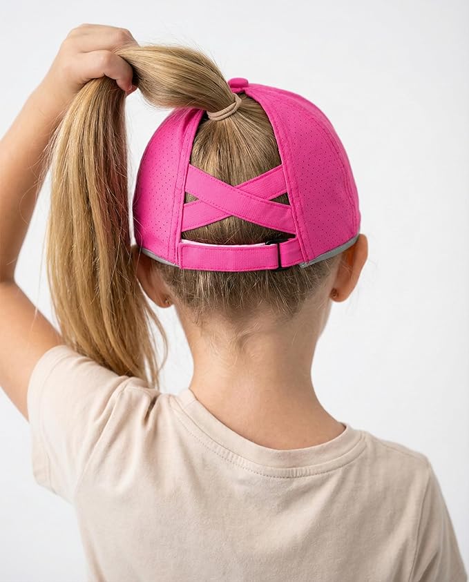 Little Girls Reflective Baseball Cap Criss Cross Ponytail Hat Kids Quick Dry Mesh Summer Sports Hat for Toddler Ages 3-8