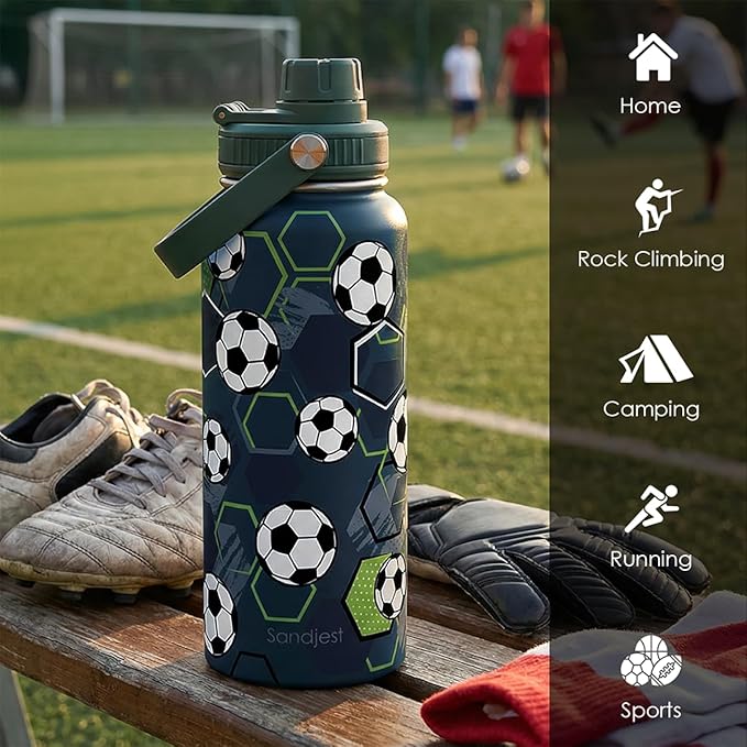 Soccer Water Bottle 32oz Stainless Steel, Travel Tumbler Vacuum Chug Lid Aesthetic Sport for Boys Men Friends Dad Brothers, Gifts for Fathers Day Birthday Christmas