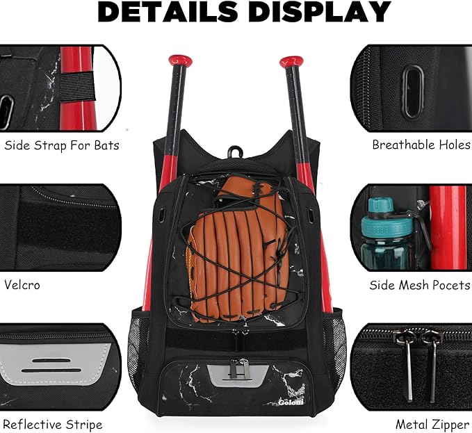 Goloni | Baseball Backpack,Baseball Bag for Adult,Softball Bat Bag with Shoes Compartment,Large Main Compartment for Helmet & accessories, Fence Hook