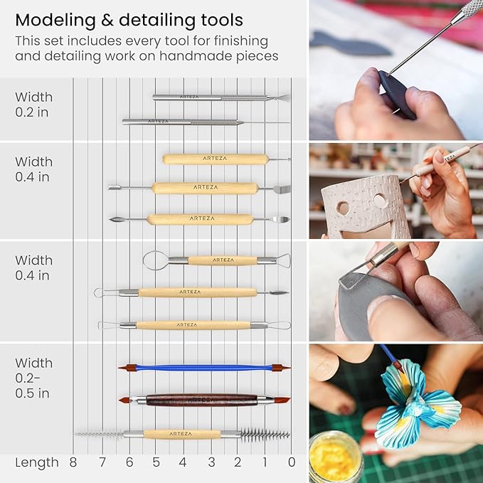 Arteza Pottery & Polymer Clay Tools, 42-Piece Sculpting Set, Steel Tip Tools - Image 4
