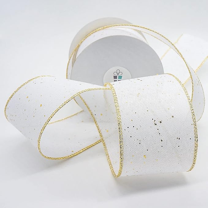 CT CRAFT LLC Whtie Burlap Fabric Confetti Glitter Wired Ribbon 2.5" x 10 Yards - Image 2