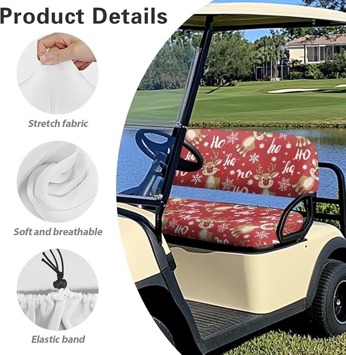 Yewatlles Christmas HOHOHO Deer Golf Cart Seat Covers Kit, Fit for Club Car Precedent Ordinary Front Seat Cushion, Golf Cart Polyester Seat Cover, No Nails Required