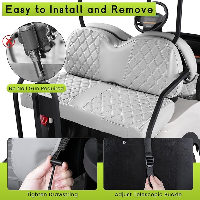 Golf Cart Seat Cover Front and Rear Set of 2 Fit for Club Car Tempo OEM Ordinary Seats No Nails Required Easy to Install & Clean Gray Vinyl Leather Seat Cushion Covers