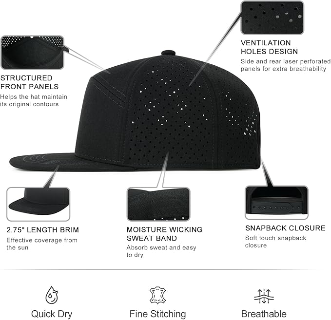 FEINION Men Flat Brim Adjustable Performance Hat Snapback Laser Perforated Baseball Cap