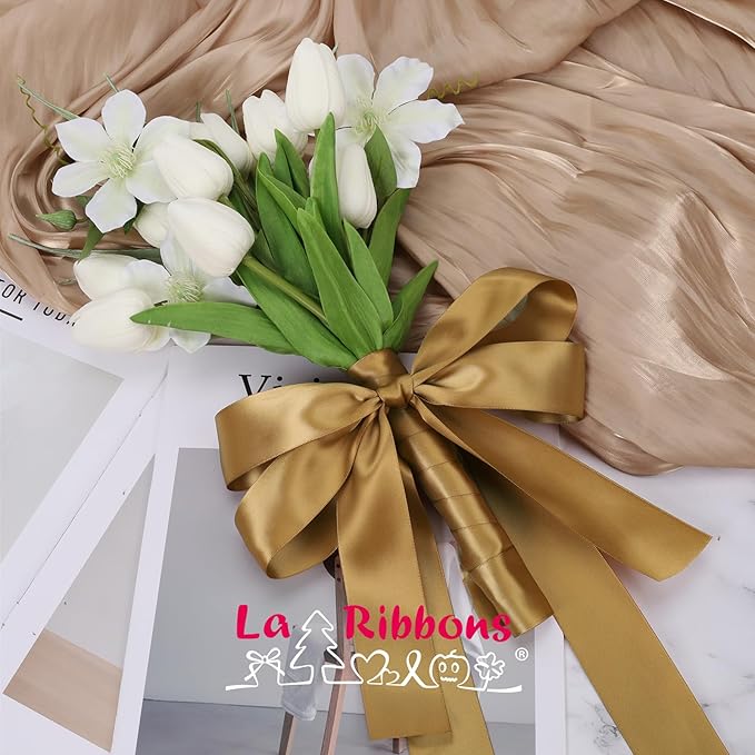 LaRibbons 1 Inch 50 Yard Double Faced Satin Ribbon, Pale Gold Satin Craft - Image 2