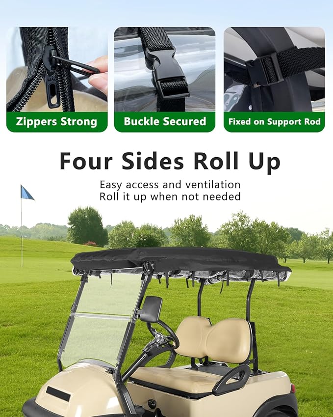 2 Passenger Golf Cart Enclosure for Club Car Precedent, 600D Waterproof Rain Driving Cover with 3 Sided Roll-Up Clear Windows & Doors, Heavy Duty Zippers & Side Mirror Openings