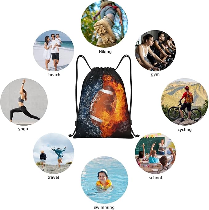 Football Drawstring Backpack Sports Backpack Bag for Kids Teens Adults Boys Girls Women Men, Sport Gym Swim Travel Work Hiking Daypack Bag with Water and Fire Pattern Printed, Small