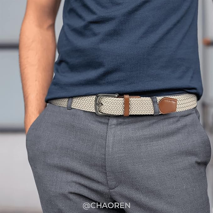 CHAOREN Stretch Belt Men 2 Pack - 1 3/8" Braided Golf Belts For Men - Casual Elastic For Pants and Jeans