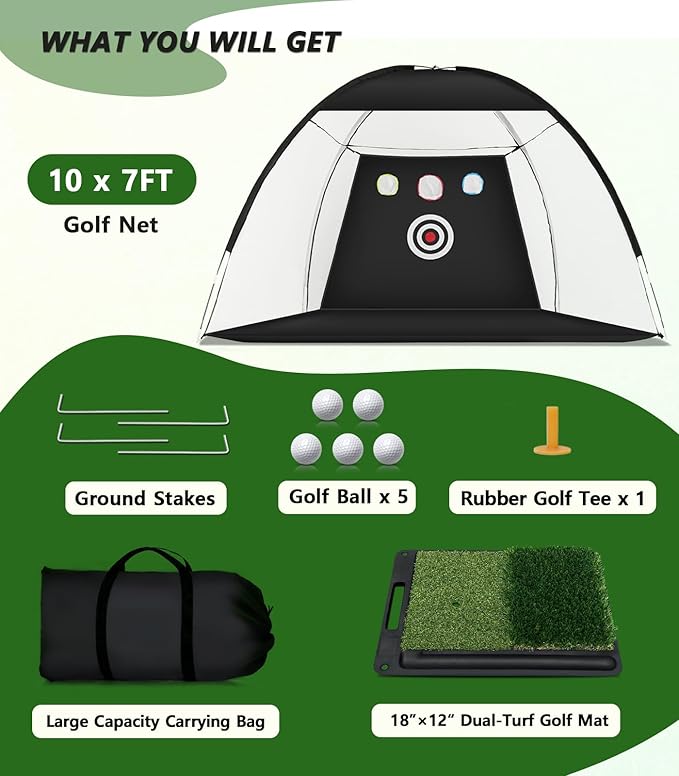 Golf Net: 10 x 7FT Practice Net with Mat for Chipping, Swing, Driving Practice, Nets for Backyard, Indoor & Outdoor Use, Ideal Golf Accessories Gifts for Men, Women, dad, Husbands, and Golfers.