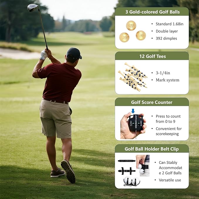 Golf Gifts for Men and Women, Golf Accessories Set in High-End Case with Gold-Colored Golf Balls, Golf Tees, Brush, Divot Tool, Golf Green Reader, Magnetic Hat Clip, Scorer, Golf Ball Clamp