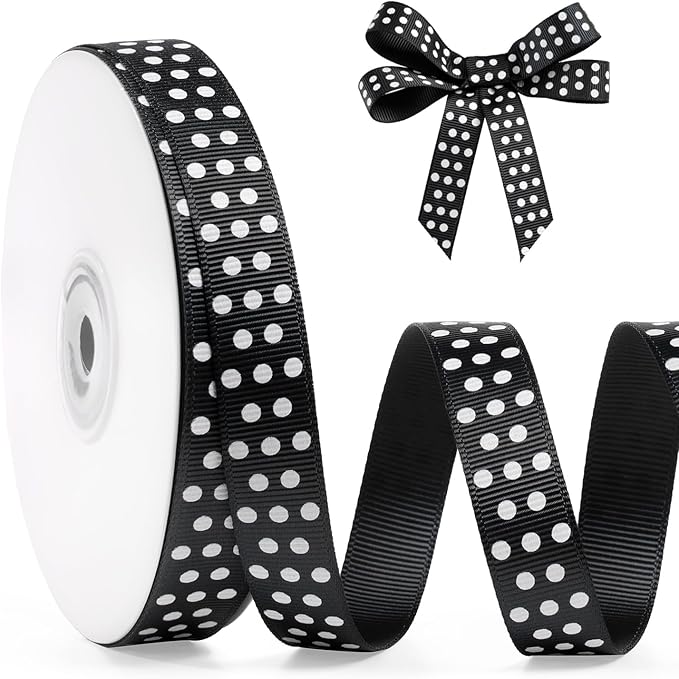 Polka Dot Grosgrain Ribbon 5/8 Inch, 25 Yards Spool Black and White Dot Craft by FAKILO