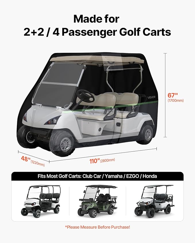 VEVOR Golf Cart Cover, Full Coverage 2+2/4 Passenger Golf Cart, 600D Waterproof Oxford Fabric Club Car Cover Fits Most Carts Club Car, Yamaha, EZGO, Honda, PU Coating & Three Zipper Doors