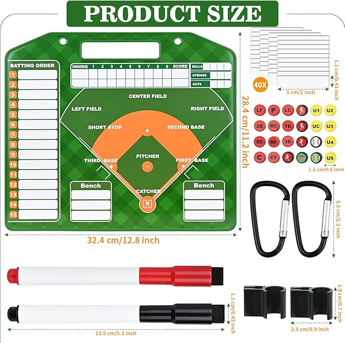 Magnetic Baseball Lineup Board for Dugout with Reinforced Edges - Double-Sided Dry Erase Coaching Clipboard, 30 Lineup Card/ 24 Pawns/2 Marker/2 Hook
