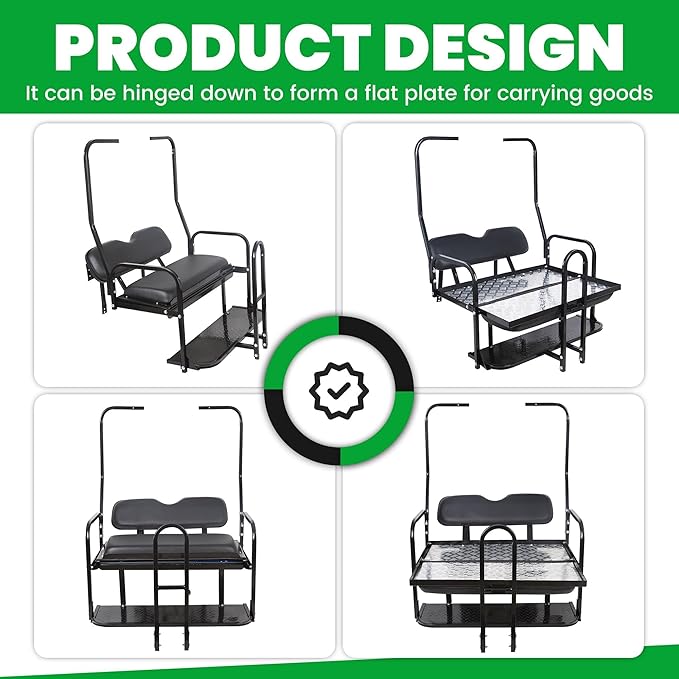 ECOTRIC Golf Cart Folding Rear Seat Kit W/Grab Bar Compatible with Club Car DS (1982-2000.5) Models Back Flip Seat Black