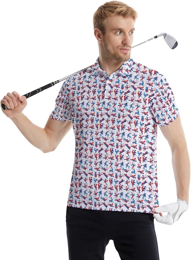 HUURAY Funny Golf Polos for Men Funny Print Short Sleeve Shirts Quick Dry Polo Shirts Hawaiian Shirt Performance Golf Outfits