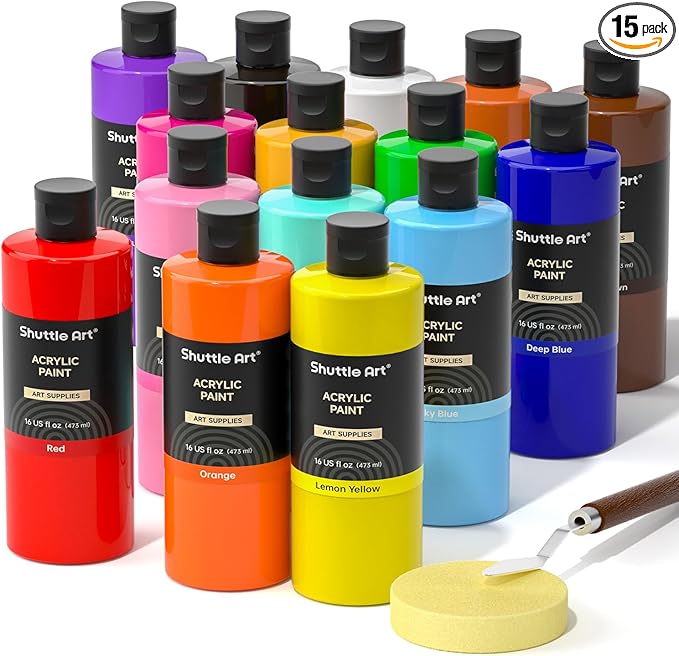 Shuttle Art Acrylic Paint, 15 Colors Acrylic Paint Large Bottle Set, 473ml/16oz by ShuttleArt