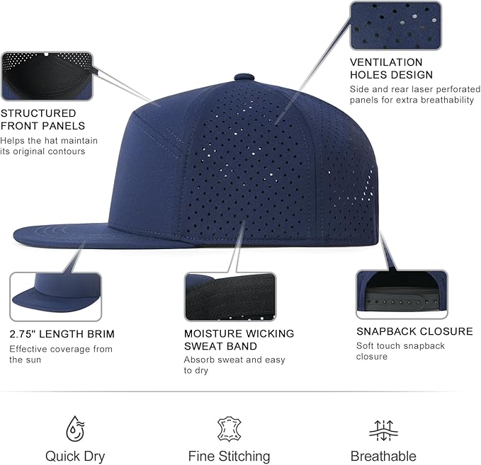 FEINION Men Flat Brim Adjustable Performance Hat Snapback Laser Perforated Baseball Cap
